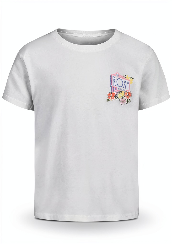 Roxy girls' cotton t-shirt in Crocus Biscus color on a hanger