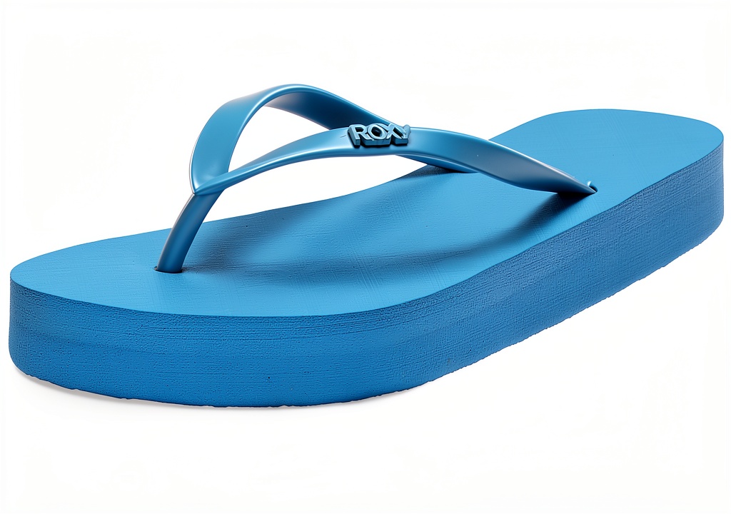 Roxy womens flip flops in Blue, Aqua, and Khaki colors displayed on a sandy beach