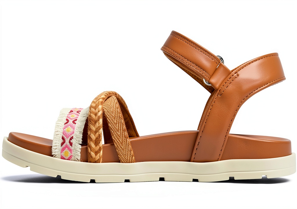 Child wearing Roxy Girls Sandals Woven Straps Sturdy Sole Flip Flop on a wooden beach boardwalk