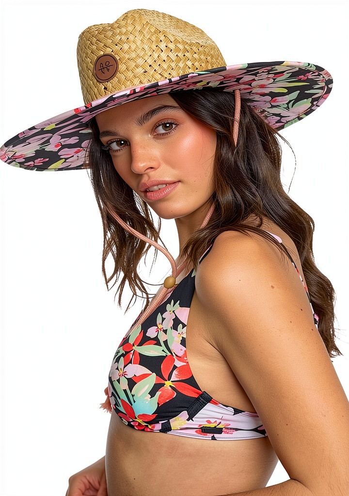 Roxy straw sun hat worn at the beach with ocean background