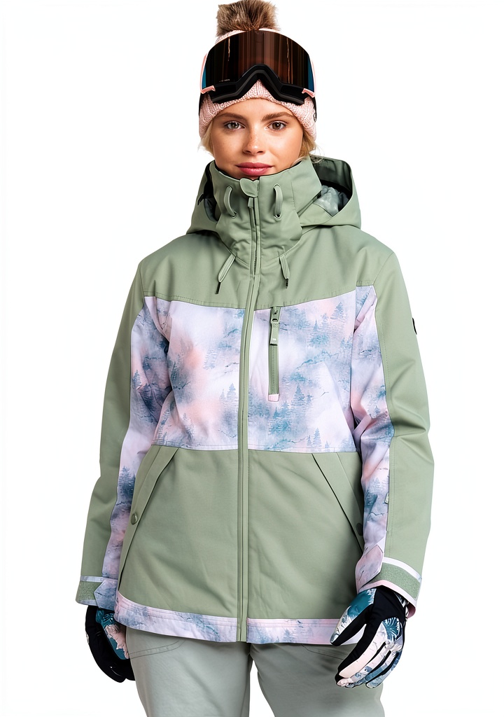 Roxy Presence Parka in Pine color on a snowy mountain