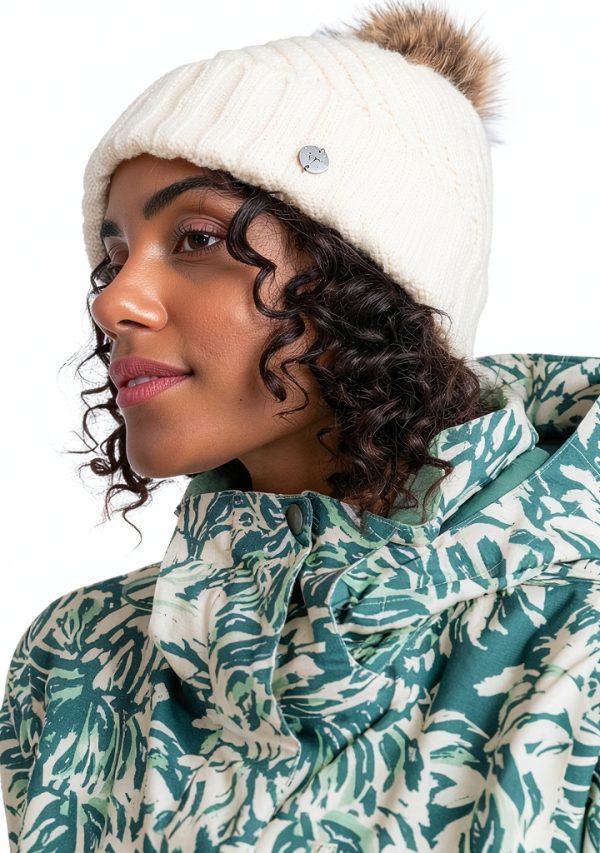 Roxy Womens Beanie Acrylic Cable Knit Faux Fur Pom-2