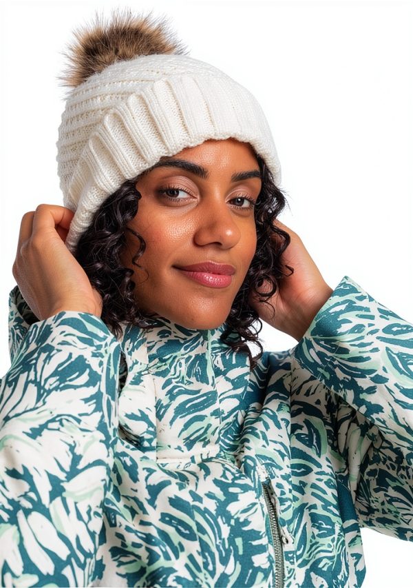 Roxy Womens Beanie Acrylic Cable Knit Faux Fur Pom-1